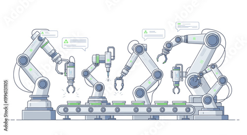 Industrial robotic arms working on a production line with various tools and components in a technical illustration.