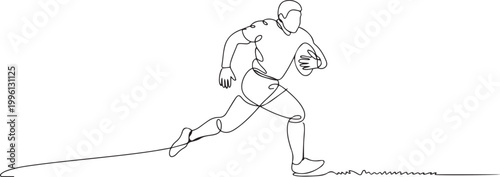 Continuous one line drawing male rugby player making score at training session or match on grass field. Balance, endurance and workout for wellness. one line Icon drawing