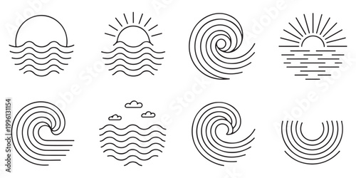 Minimalist line art icons of waves and sunsets