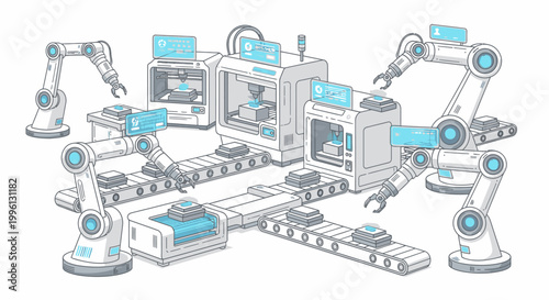 Industrial robotic arms working on a production line with machinery and equipment in a factory setting with a metallic and blue color scheme.
