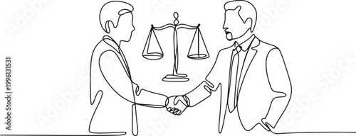 Continuous one single line drawing Client shakes hands with lawyer Legal services scales Advocate consultation Jurisprudence icon vector illustration. one line Icon drawing