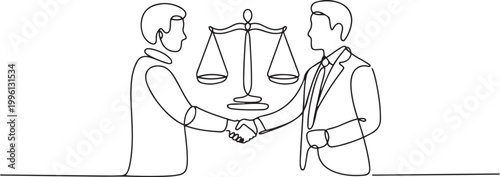 Continuous one single line drawing Client shakes hands with lawyer Legal services scales Advocate consultation Jurisprudence icon vector illustration. one line Icon drawing