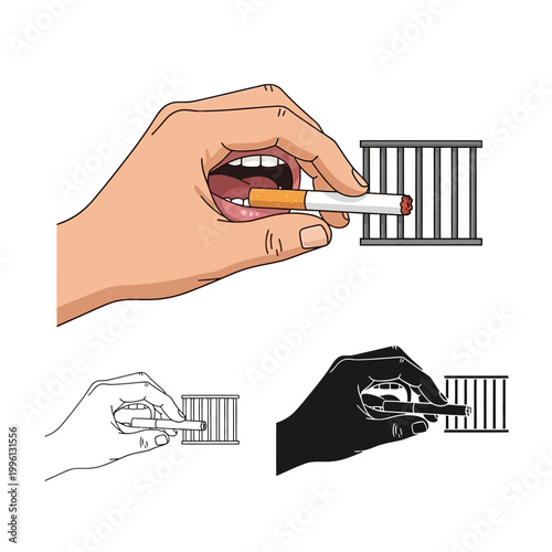 Hands holding cigarettes in and out of prison bars illustrating smoking addiction and freedom concept  health warning signs