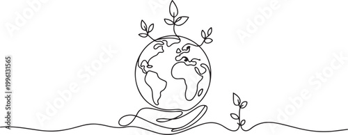 Continuous Line Drawing of Environmental Protection Icon. World Environment Day concept growth, global, planet earth. one line Icon drawing