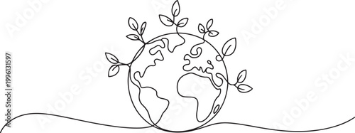 Continuous Line Drawing of Environmental Protection Icon. World Environment Day concept growth, global, planet earth. one line Icon drawing