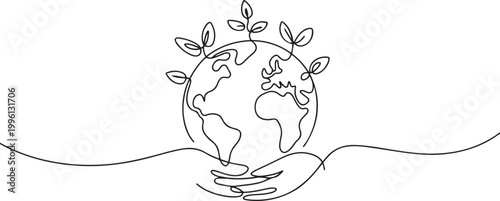 Continuous Line Drawing of Environmental Protection Icon. World Environment Day concept growth, global, planet earth. one line Icon drawing