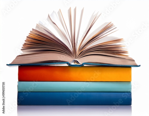 colorful stack of books with opened novel