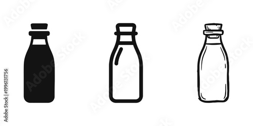 Vintage Glass Milk Bottle with Cork Stopper Icon Set