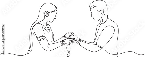 Raksha Bandhan celebration continuous one line drawing. Sister tying on brother’s hand, Raksha Bandhan. one line Icon drawing