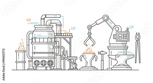 Line drawing of an industrial workshop with labeled machinery and tools on a white background.