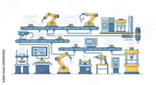 Flat lay illustration of various industrial robots and manufacturing equipment in a factory setting with a predominantly blue and yellow color scheme.