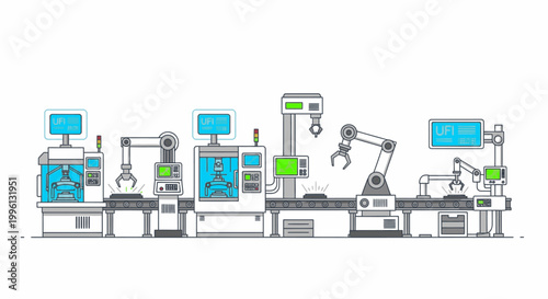 Detailed illustration of an industrial manufacturing line with various machinery and robotic arms on a white background with a technical and modern feel.
