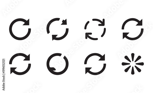 Set of minimalist black refresh and sync loading icons for web interface design on transparent grid.