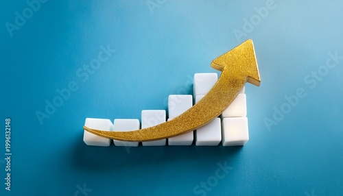 golden arrow ascending above white cubes growth success progress