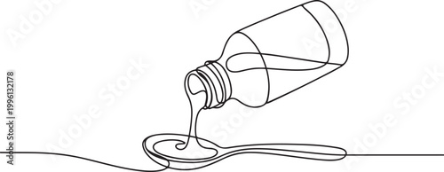 continuous line drawing of spoon and bottle of medicine syrup.one line drawing of bottle pouring medicine syrup into spoon. one line Icon drawing