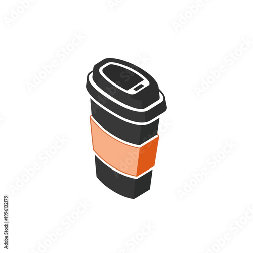 Isometric Illustration of a Black Coffee Cup with Orange Sleeve.