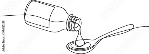 continuous line drawing of spoon and bottle of medicine syrup.one line drawing of bottle pouring medicine syrup into spoon. one line Icon drawing