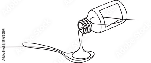 continuous line drawing of spoon and bottle of medicine syrup.one line drawing of bottle pouring medicine syrup into spoon. one line Icon drawing