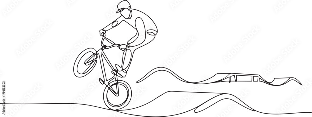 Obraz premium Continuous one line drawing male athlete performing 360 rotation trick in skate park on his bike while balancing one wheel. one line Icon drawing