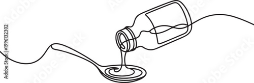 continuous line drawing of spoon and bottle of medicine syrup.one line drawing of bottle pouring medicine syrup into spoon. one line Icon drawing