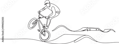 Continuous one line drawing male athlete performing 360 rotation trick in skate park on his bike while balancing one wheel. one line Icon drawing