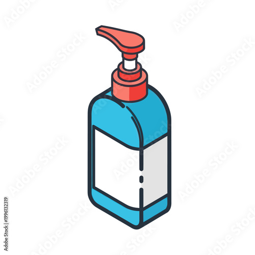 Isometric illustration of a blue hand sanitizer bottle with pump.