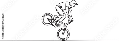 Continuous one line drawing male athlete performing 360 rotation trick in skate park on his bike while balancing one wheel. one line Icon drawing