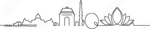 Continuous One Line Drawing Delhi Skyline vector art. one line Icon drawing