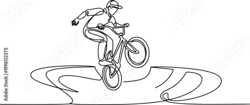 Continuous one line drawing male athlete performing 360 rotation trick in skate park on his bike while balancing one wheel. one line Icon drawing