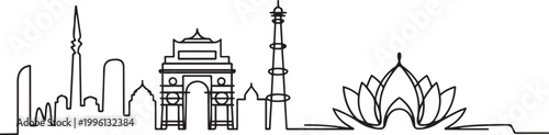 Continuous One Line Drawing Delhi Skyline vector art. one line Icon drawing