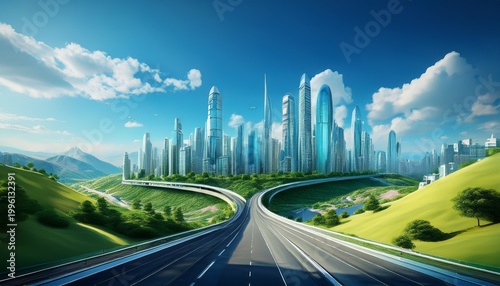 3d visualization of the city skyline with modern buildings and skyscrapers on the horizon the road leading to the future green hills and the blue sky