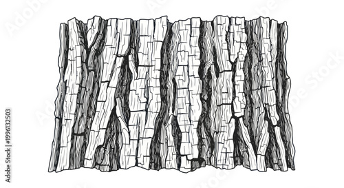 Detailed illustration of rough tree bark texture, black and white sketch