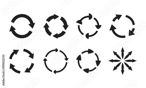 Collection of bold black rotating arrow icons for system updates and data synchronization processes.