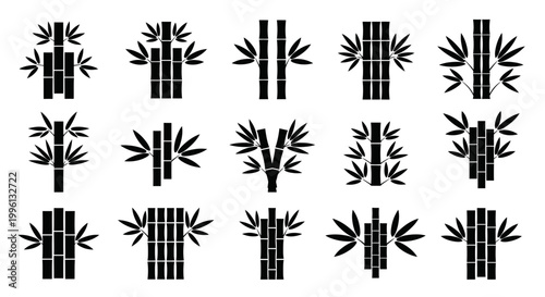 Bamboo Plant Icons Set, Black Silhouette Illustrations on White Background