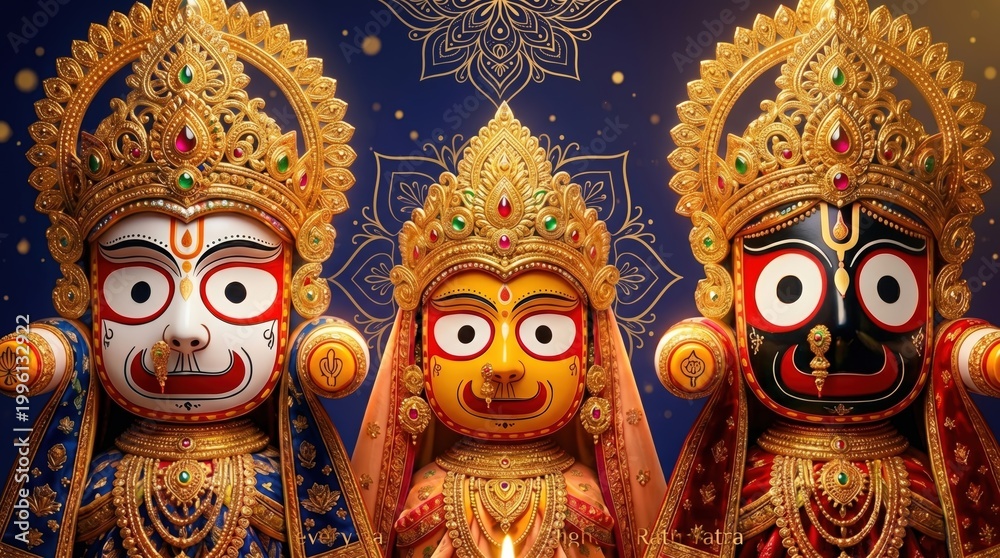 Fototapeta premium Three ornate golden crowned deities with large white eyes and painted faces in red blue and yellow against a dark blue patterned background