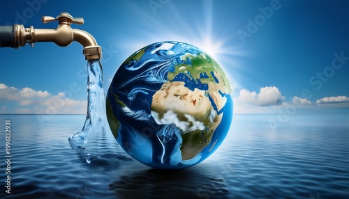 world water day concept with earth globe and water tap highlighting water conservation