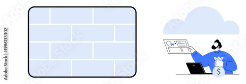 Cybersecurity, data protection, online fraud, digital theft, privacy defense, system security. Image showing a firewall and a hacker with stolen data. Cybersecurity and data protection concept
