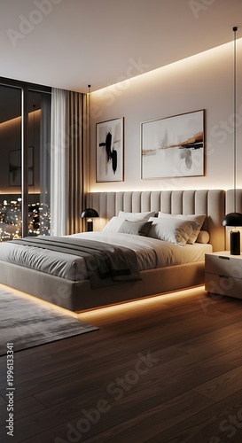 Modern Bedroom Interior with LED Lighting and City View