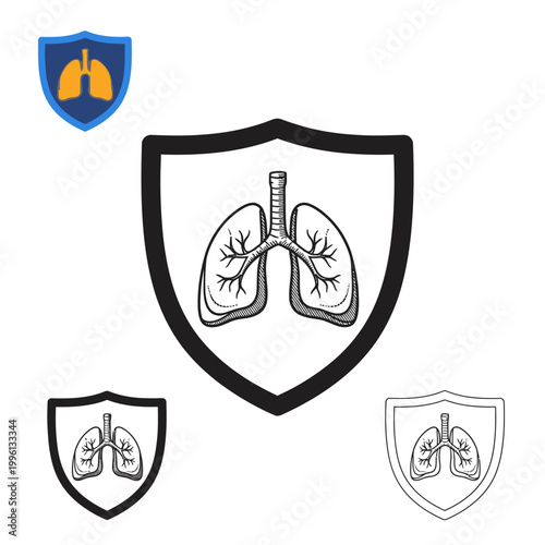 Lung health protection icons with shield and trachea bronchi  human anatomy symbols for medical and healthcare concepts