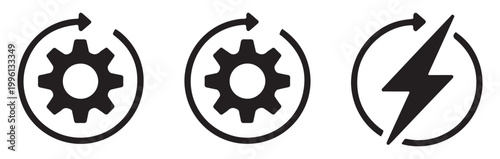 Three icons showing refresh cycle with gears and lightning bolt for automation energy process.