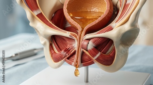 Involuntary urine release: bladder control, muscle support, pelvic health, urology issue, fluid escape, internal organ, body system, medical model, anatomy study, human structure.