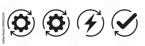 Circular process icons with gears lightning bolt and checkmark symbol indicating workflow and completion.