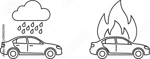 Automotive insurance coverage concept showing modern sedan vehicle protected from heavy rain storm weather and fire hazard damage cad drawing flat vector illustration