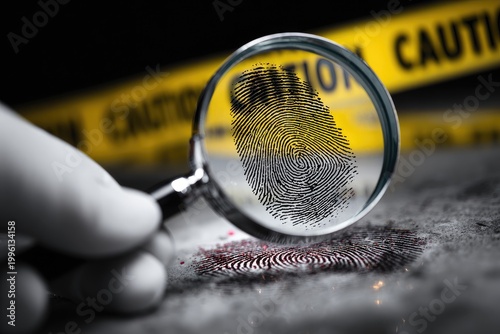 Forensic investigation of a fingerprint using a magnifying glass at a crime scene.