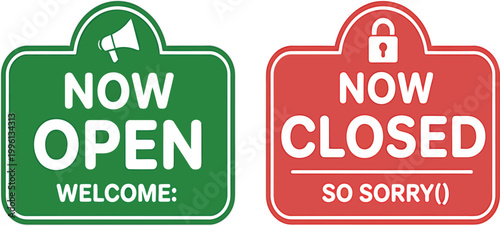 Green and red open and closed sign icons on white background