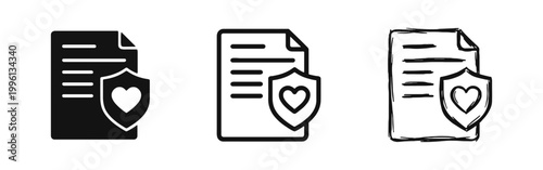 Medical Health Insurance Document Icon Set with Heart Shield Symbol