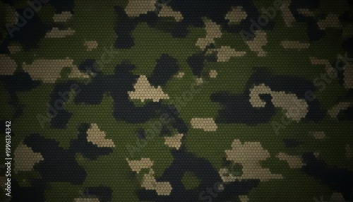 Digital camouflage pattern in green black and tan with a textured pixelated appearance evoking military or tactical themes and outdoor concealment