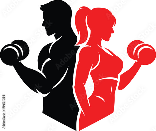 Silhouette of a man and woman exercising with dumbbells
