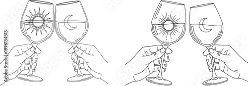 Hands holding wine glasses with sun and moon designs clinking line art black and white celebration celestial illustration monochrome gathering