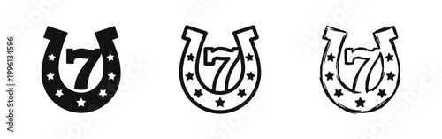 Lucky Horseshoe with Number Seven and Stars Icon Set for Gambling and Casino
